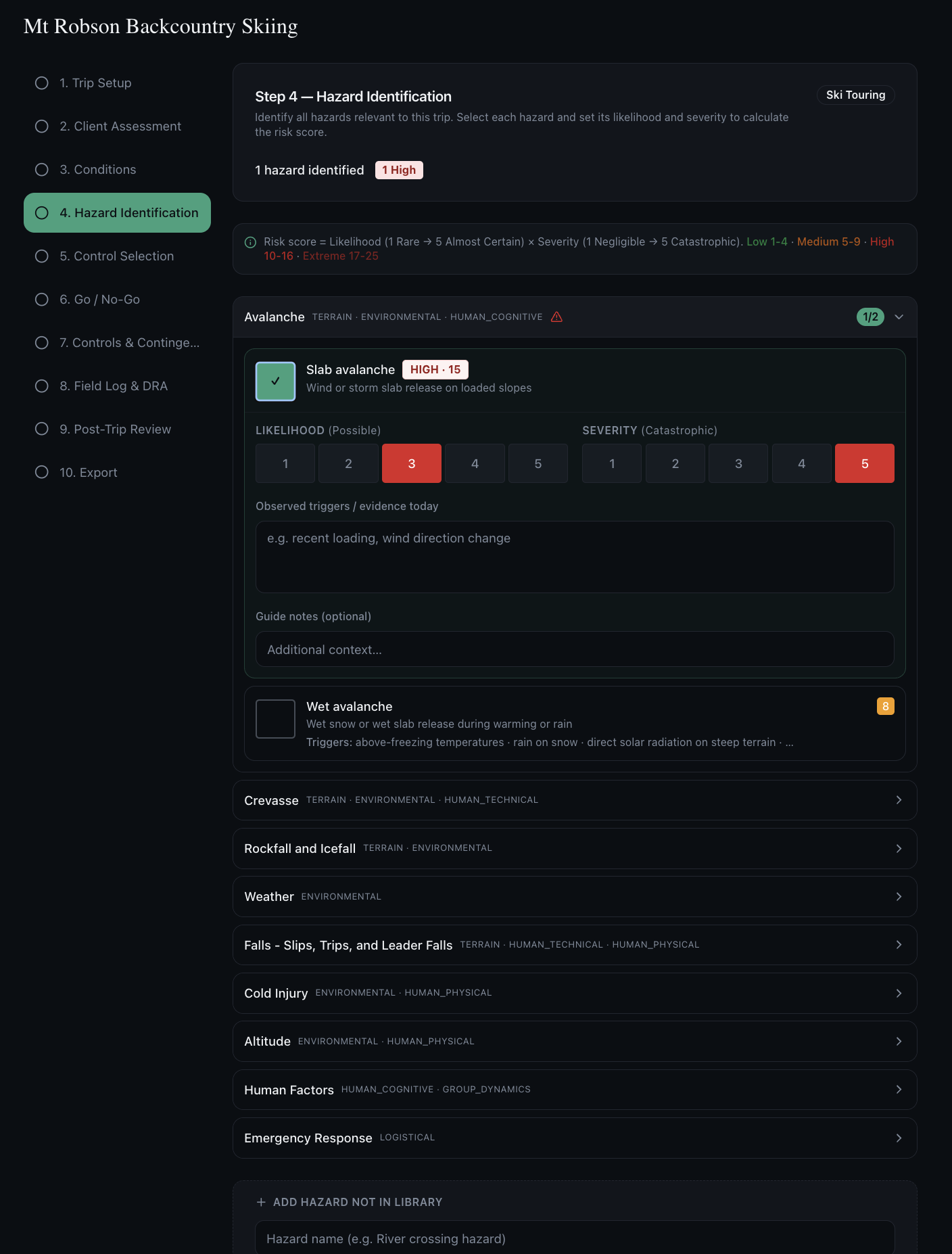 Hazard identification table in Ascents