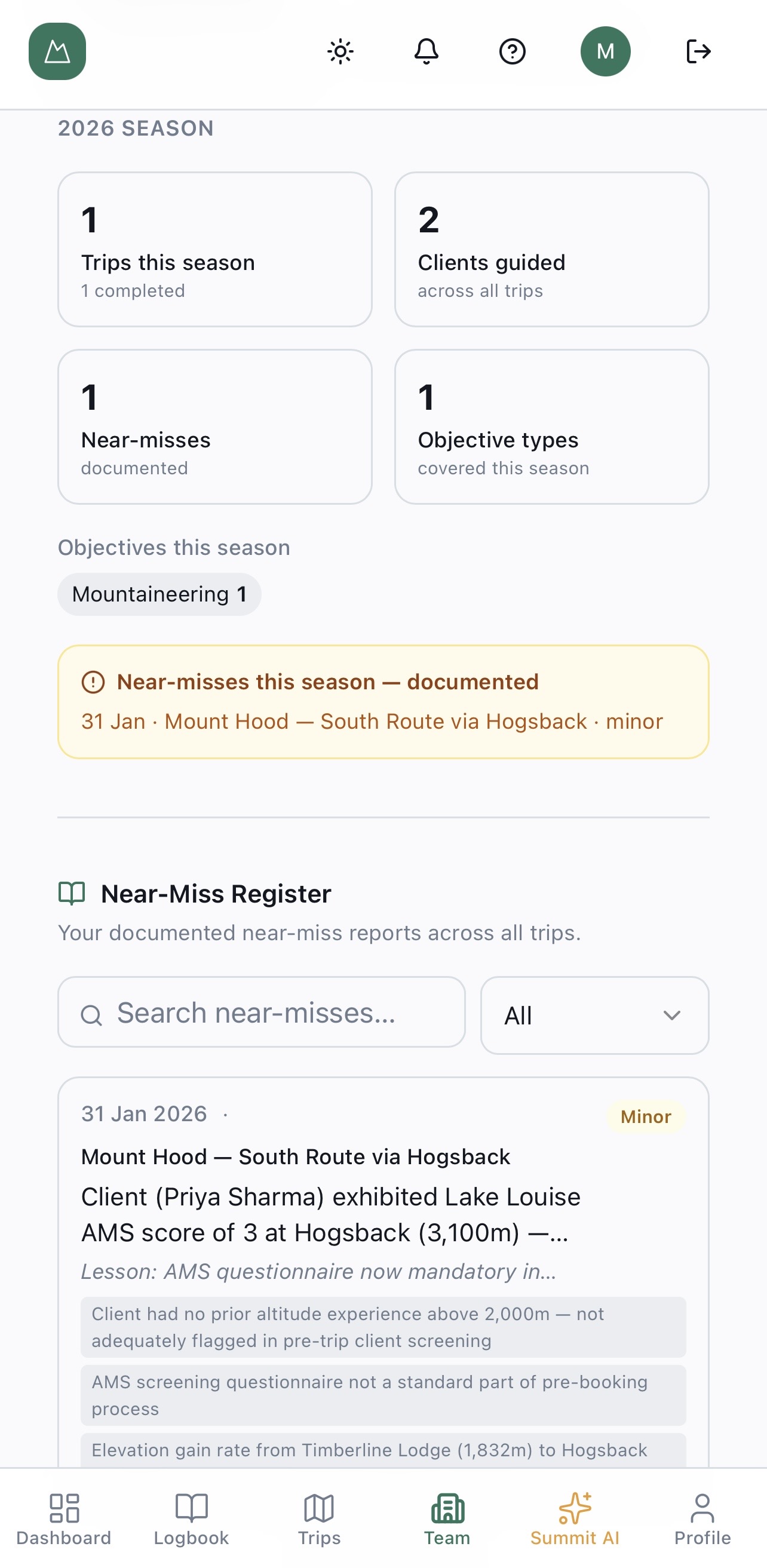 Near-miss register in Ascents