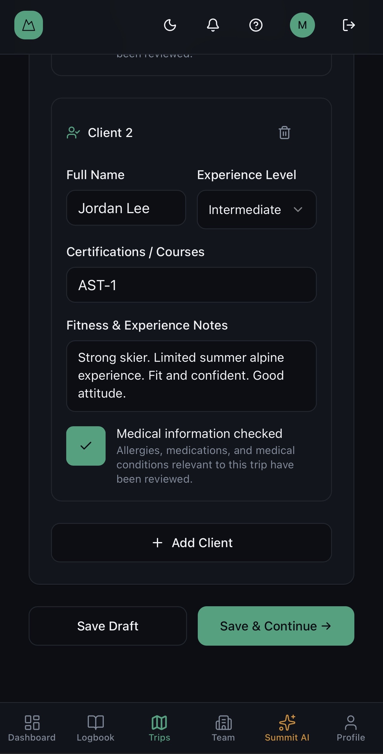 Client assessment step in Ascents