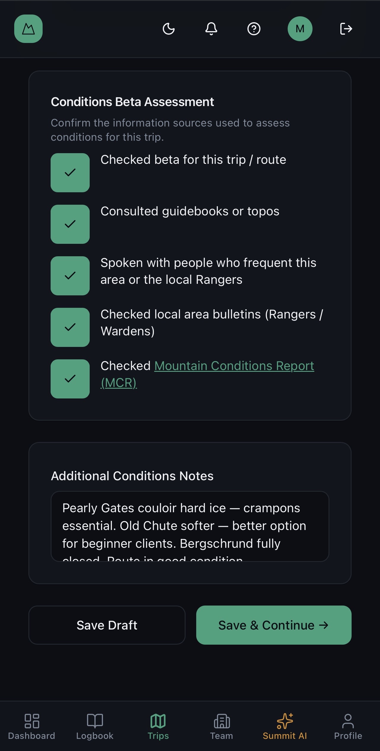 Conditions checklist in Ascents